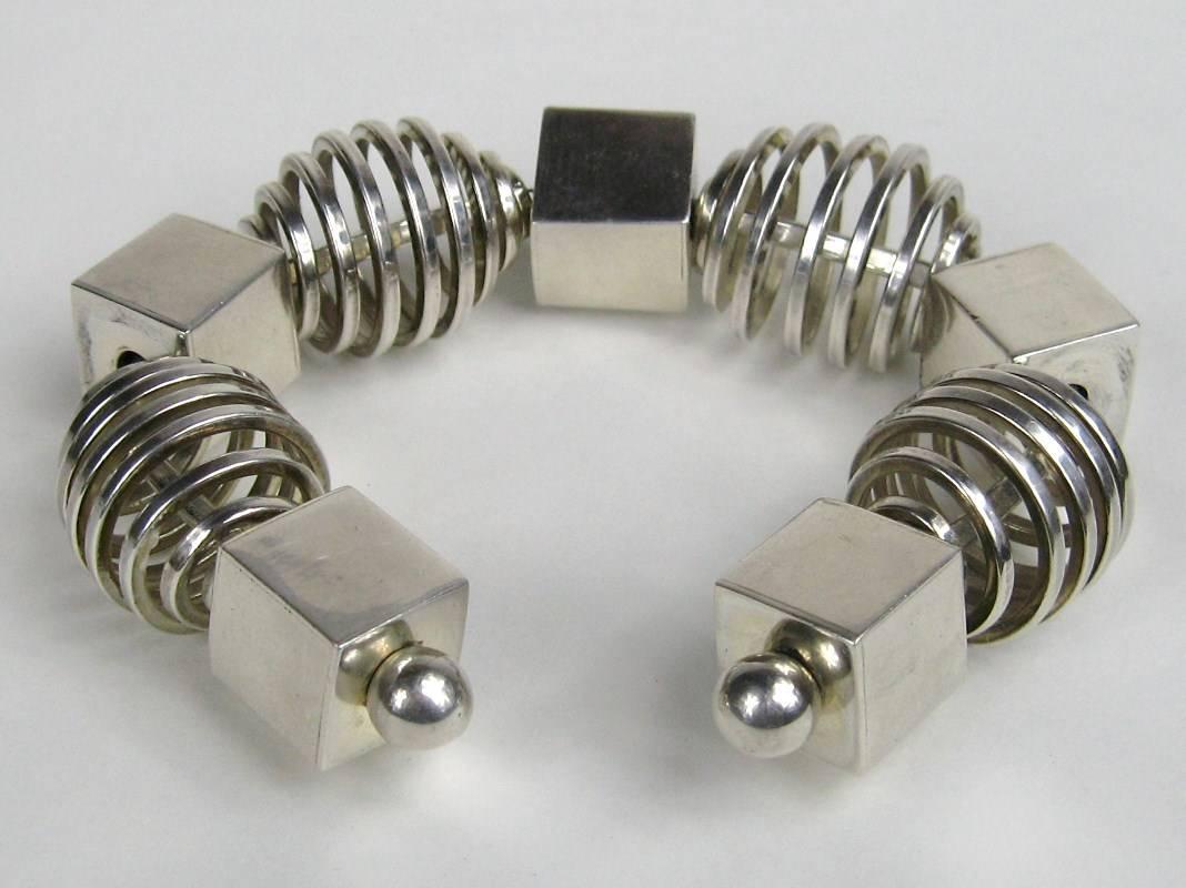 Women's or Men's Sterling silver Modernist Bracelet Cube Spiral Cube Cuff For Sale