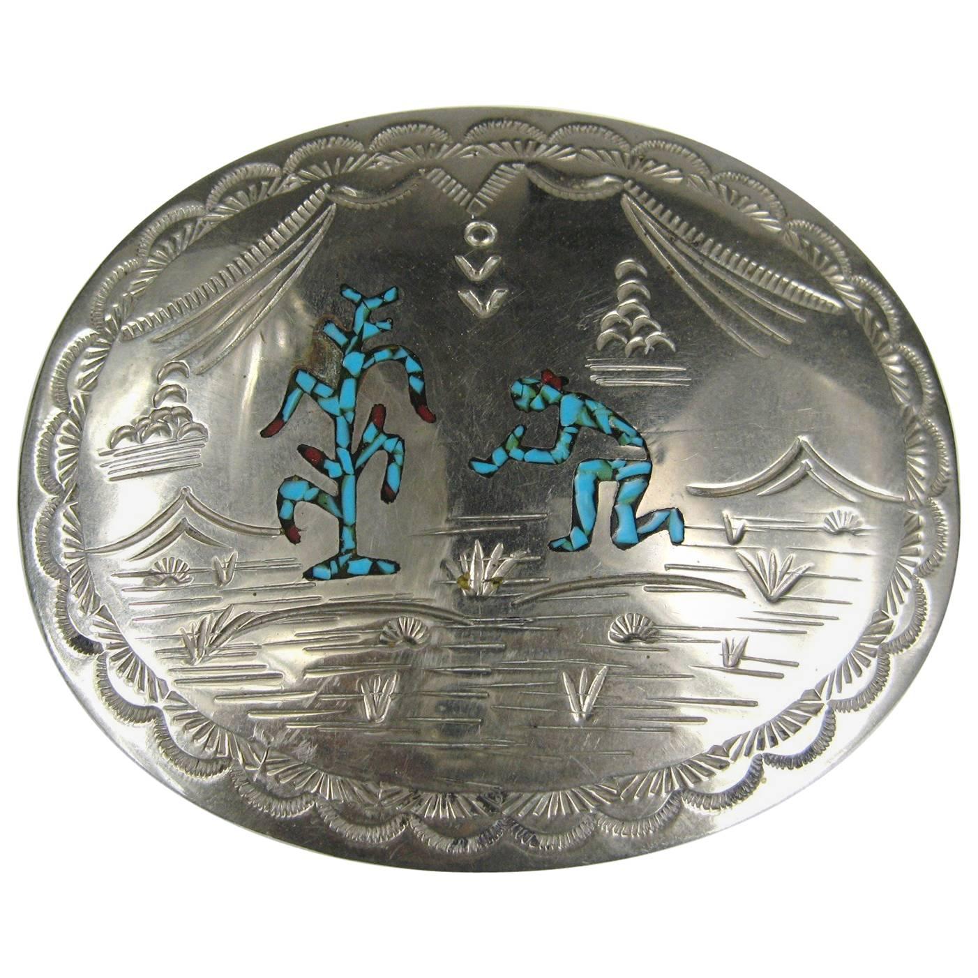  Turquoise & Coral Sterling Silver Native American Belt Buckle 