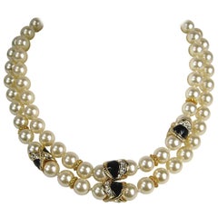 Ciner Gold Gilt Pearl Enamel Necklace  1990s 