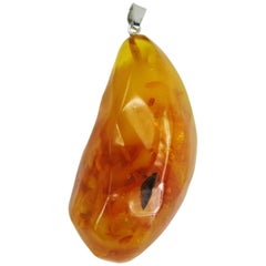 Vintage  Sterling Silver Butter Scotch Amber Pendant 3 Inch 