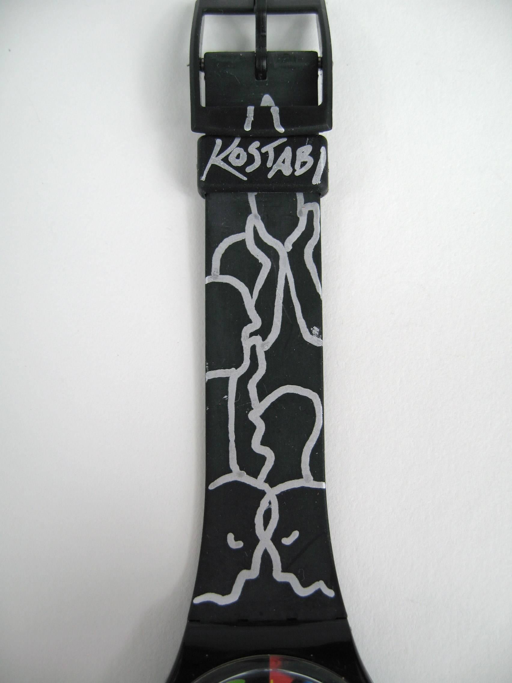 New old stock 1995 Mark Kostabi Swatch Watch, Twelve Apostles Hand illustrated and Signed on the case and band by Kostabi Himself. He named it BOMB PARTY 1/1, Tea for 2. This is a 1 of a kind Kostabi Hand illustrated Swatch Watch...I had him Hand