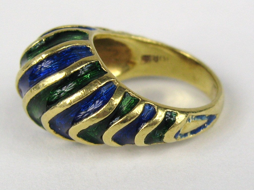 Stunning colors in this Ring, Blue and Green enameling. Set in 18K gold. Size 5. Can be sized by us or your jeweler. Hallmarked Boris. This is out of our massive collection of Hopi, Zuni, Navajo, Southwestern, sterling silver, costume jewelry and
