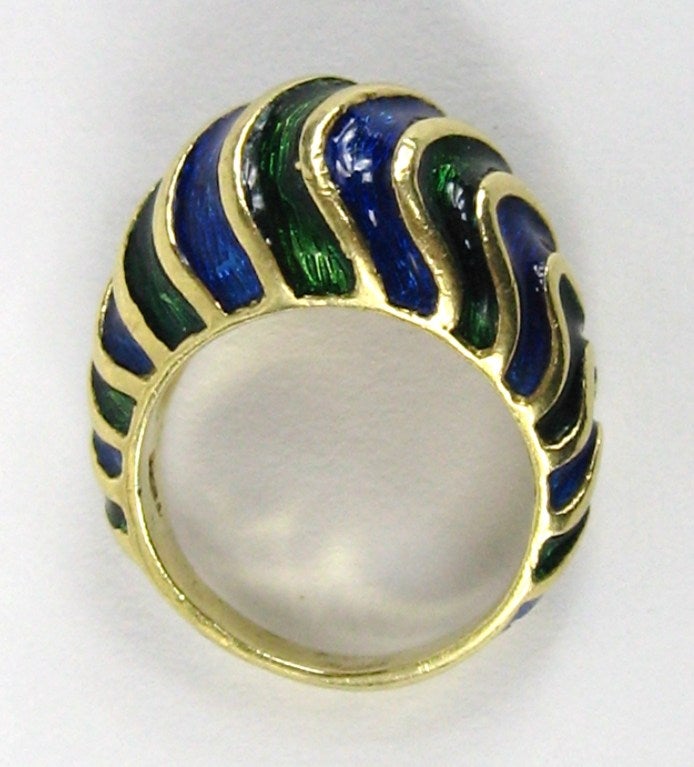  Gold Enamel Deep Blue & Green Dome Ring 18K  In Good Condition In Wallkill, NY