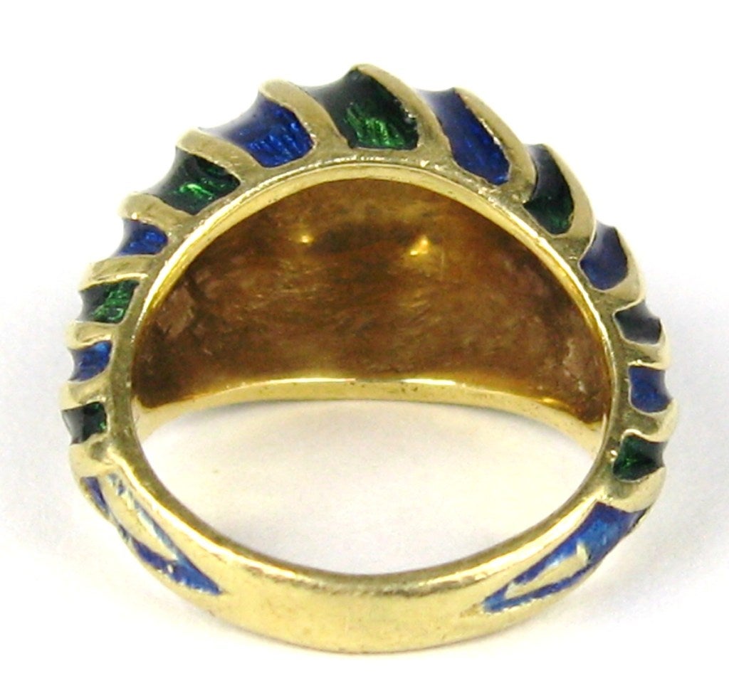 Women's  Gold Enamel Deep Blue & Green Dome Ring 18K 