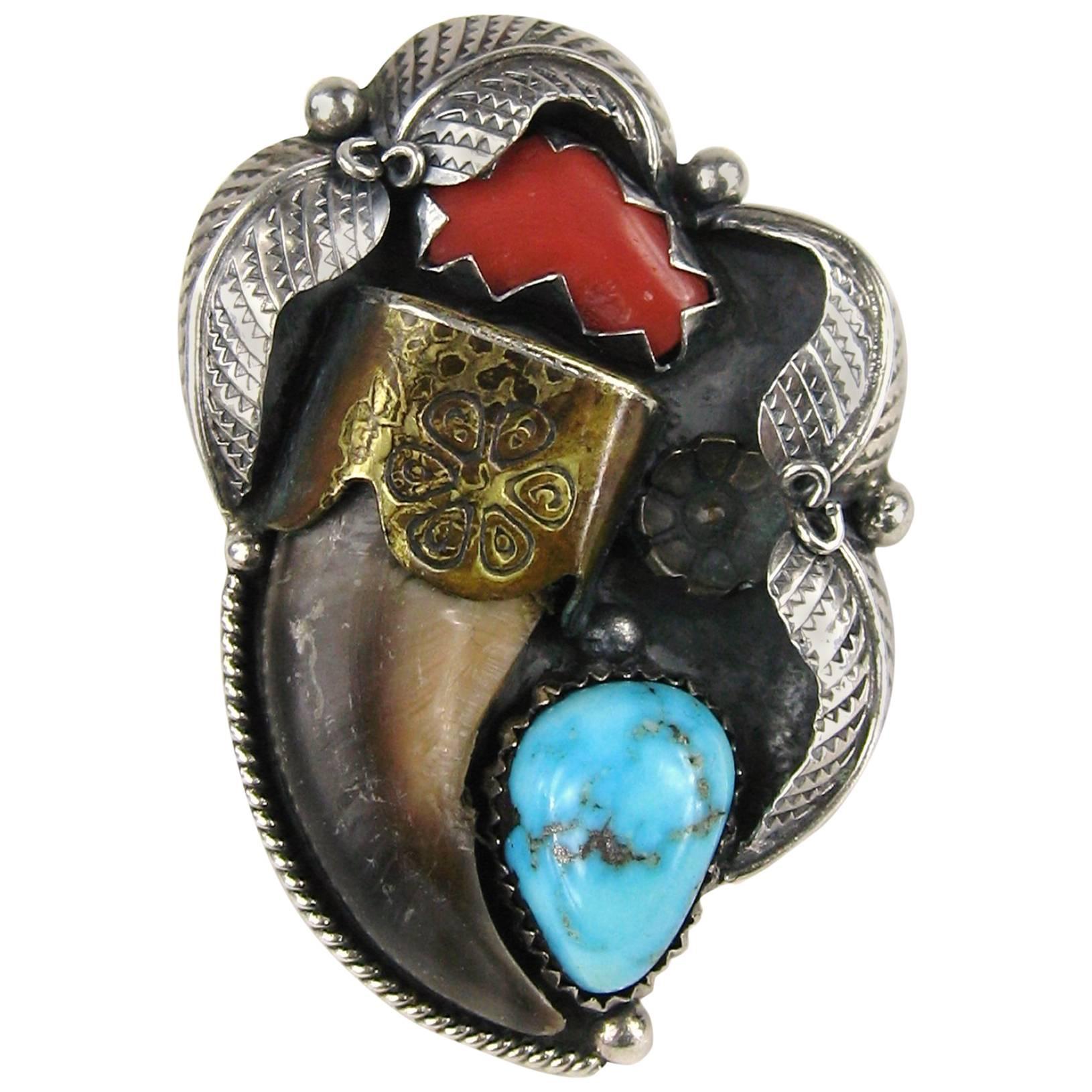1950's Bennett Bolo Tie Kingman Turquoise Bear Claw Navajo Signed Silver |  Edgy Jewelry