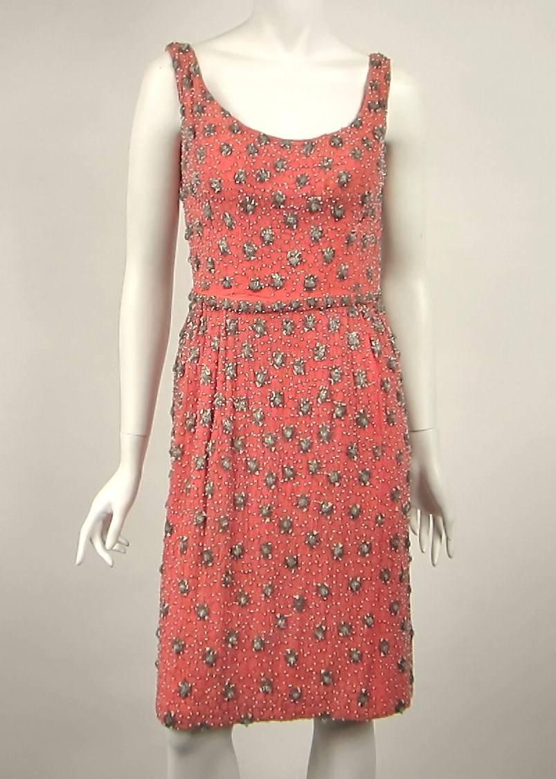 Stunning Vintage Coral Hand Beaded 1940s Dress In Excellent Condition In Wallkill, NY