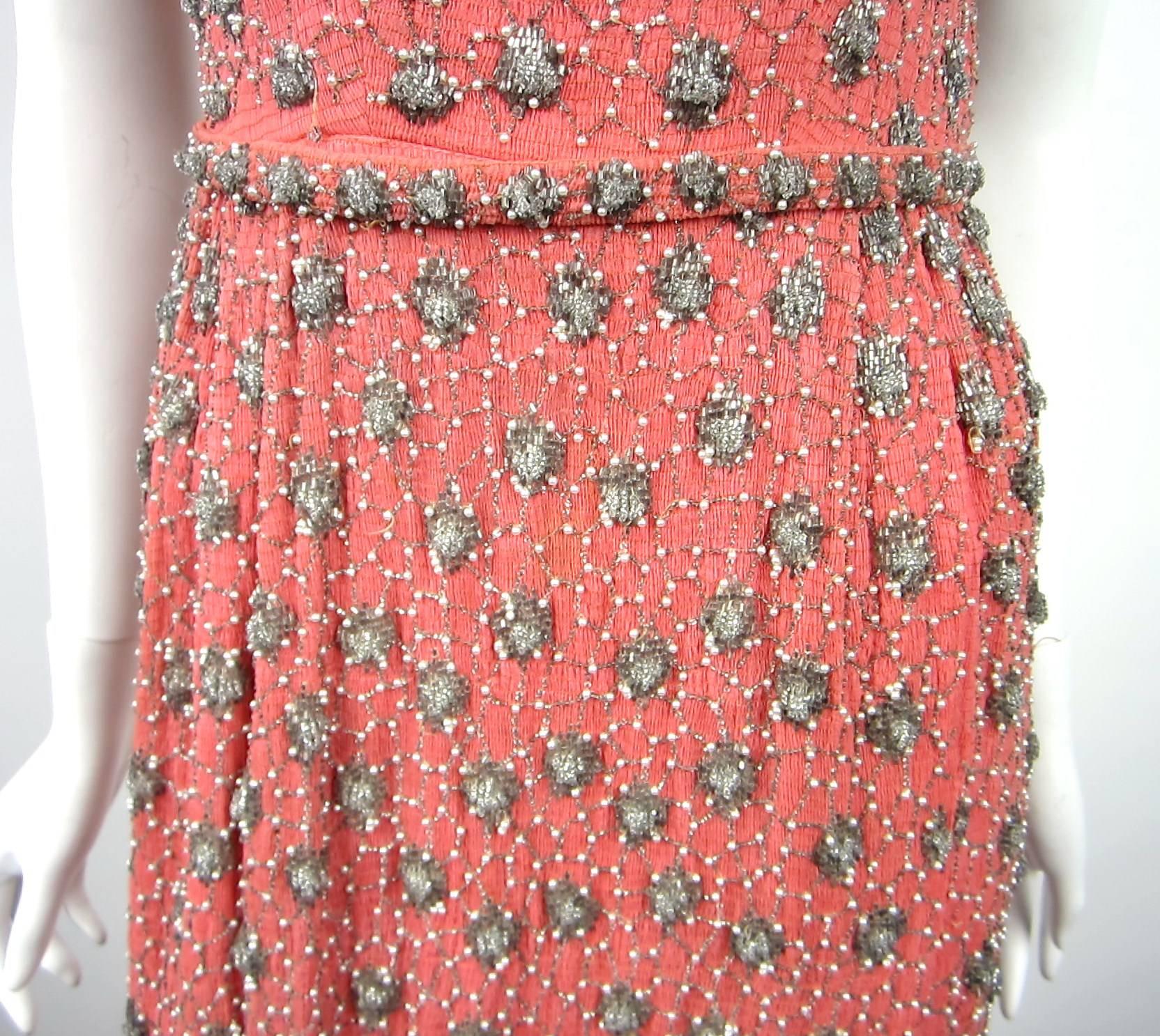 Women's or Men's Stunning Vintage Coral Hand Beaded 1940s Dress