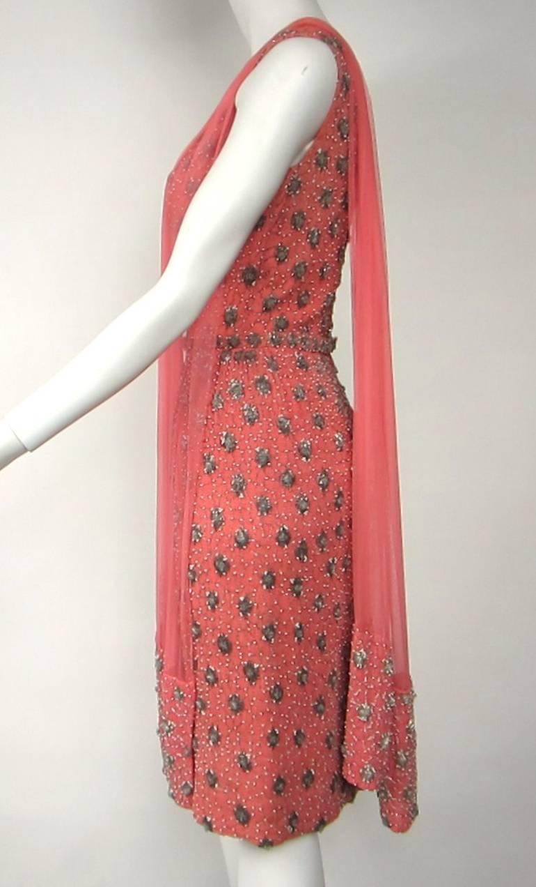 Stunning Vintage Coral Hand Beaded 1940s Dress 1