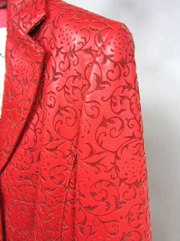 1990s Escada Red Paisley Embossed Leather Jacket Blazer and Skirt New