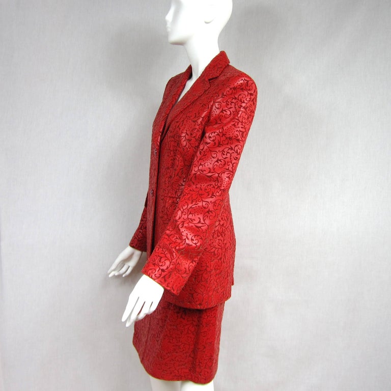 1990s Escada Red Paisley Embossed Leather Jacket Blazer and Skirt New
