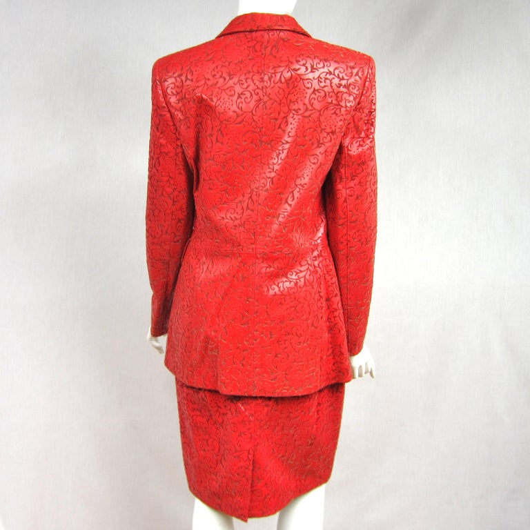 1990s Escada Red Paisley Embossed Leather Jacket Blazer and Skirt New