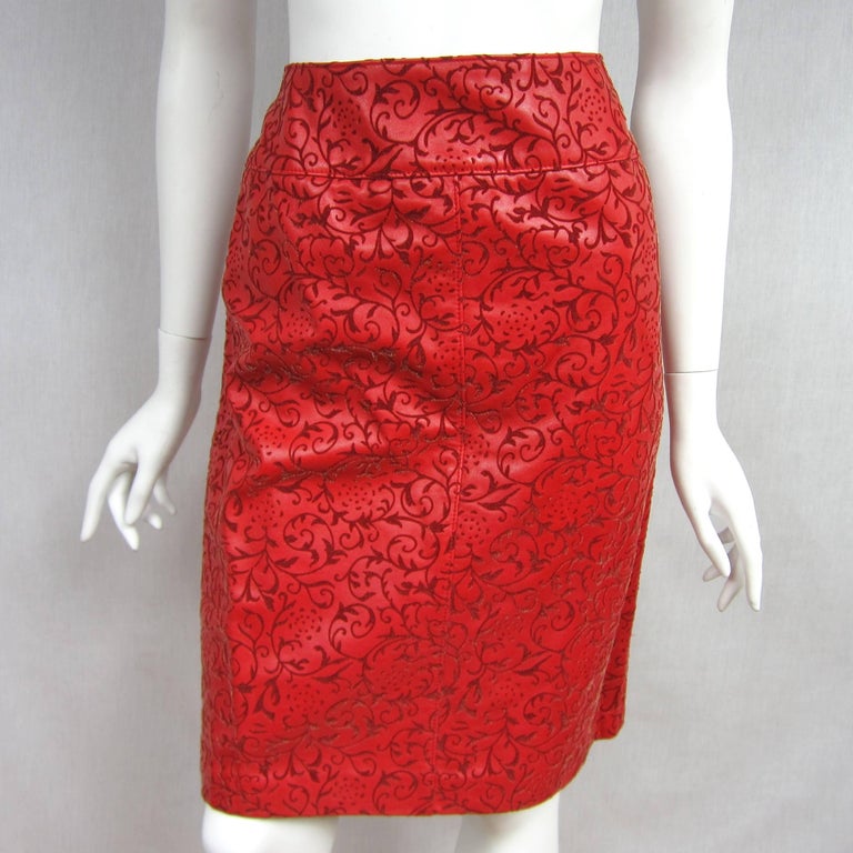 1990s Escada Red Paisley Embossed Leather Jacket Blazer and Skirt New