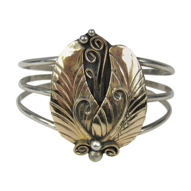 14K gold & Sterling silver Southwestern cuff Bracelet  Native American  For Sale