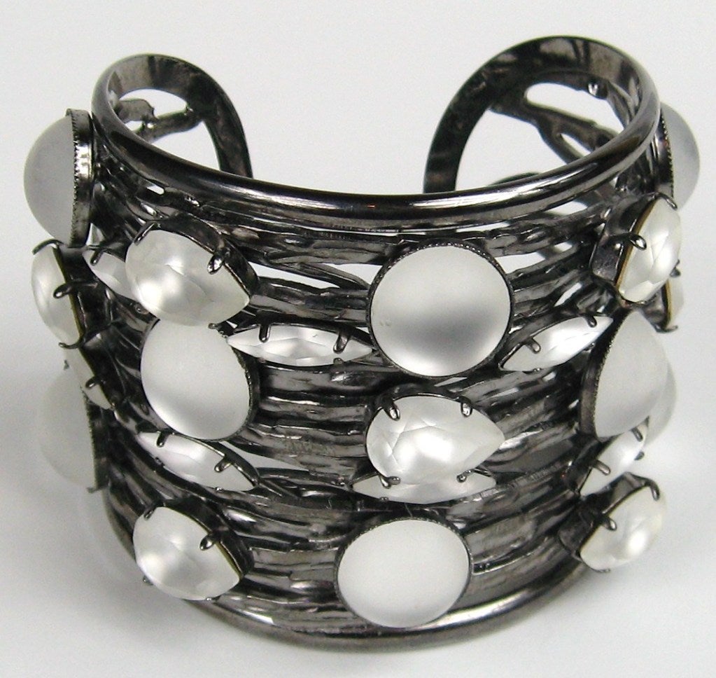 Stunning Ferrandis wired Cuff- New old stock never worn. Matching pieces available on our storefront. *Prong set Matte pools and faceted Swarovski stones *circa 1980s. Cuff has a little give to it. Opening is a 1 in wide. 2.15 inches wide. Philippe