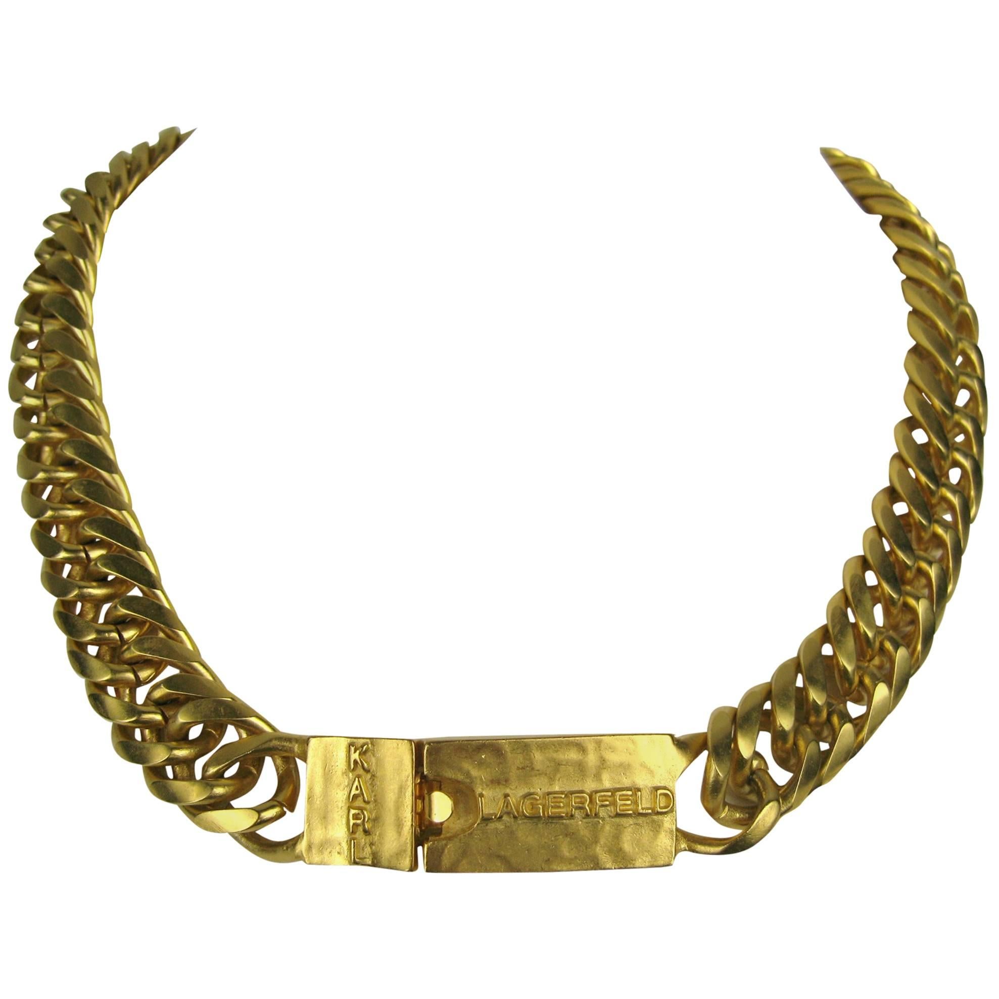 Karl Lagerfeld Logo Necklace Gold Gilt  1980s  For Sale