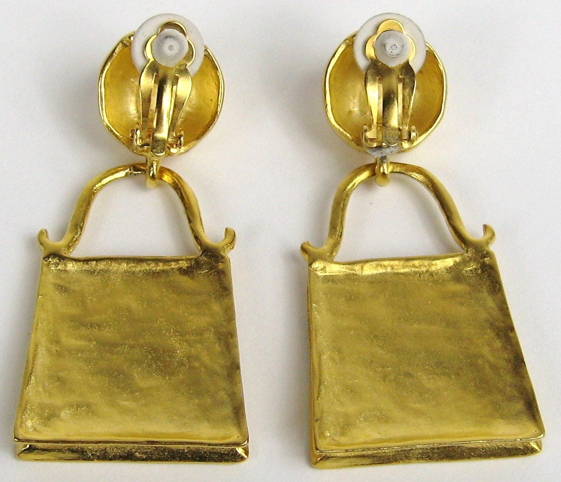 1990s Karl Lagerfeld Gilt and Glass Handbag Earrings New Never Worn  In New Condition In Wallkill, NY