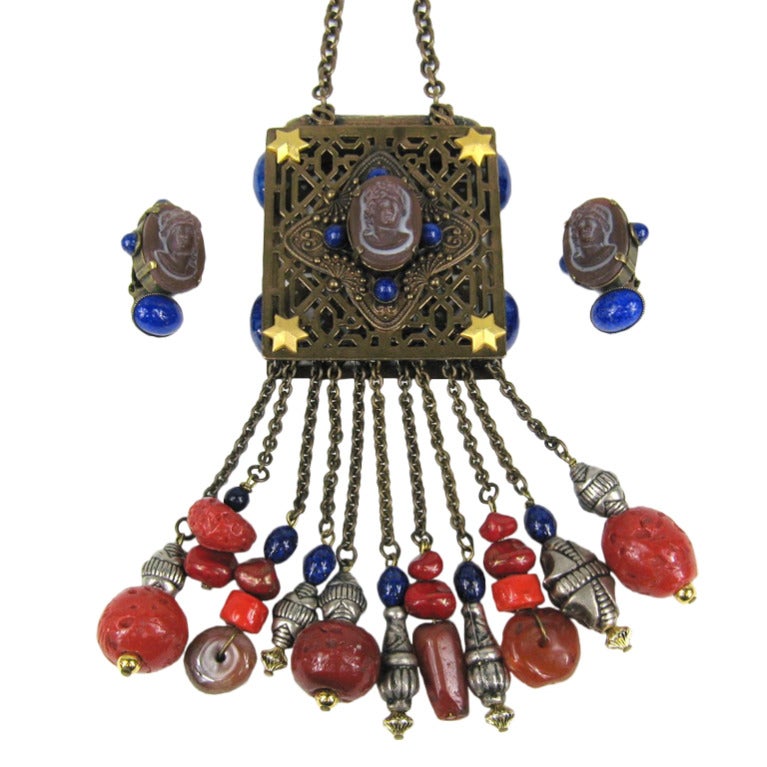 Philippe Ferrandis Egyptian Necklace & Earrings Set  1990s