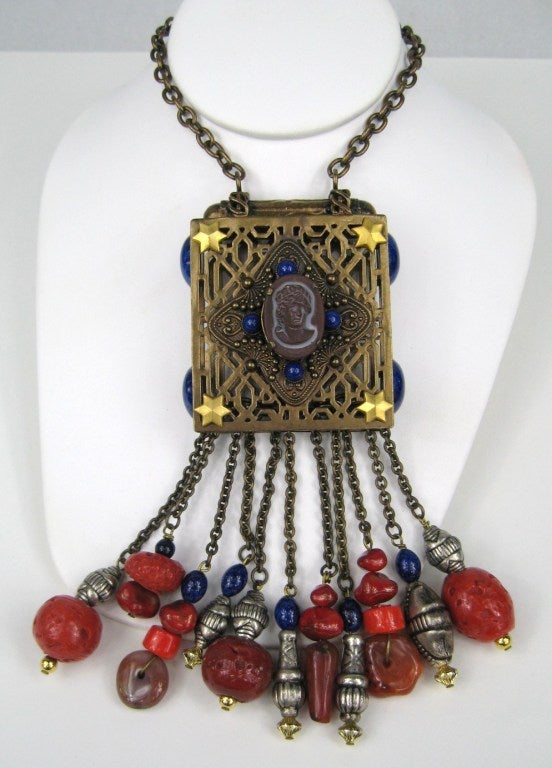 Egyptian influenced Style Philippe Ferrandis Necklace & Earrings. This is a massive piece and has the matching earrings. Measuring 7 inches long x 2.5 inches wide - Chain is 22 inches long. - Philippe Ferrandis is an internationally renowned, French