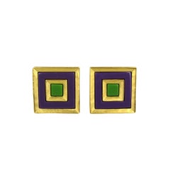 Vintage Karl Lagerfeld Earrings Charm Square Enameled Clip on 