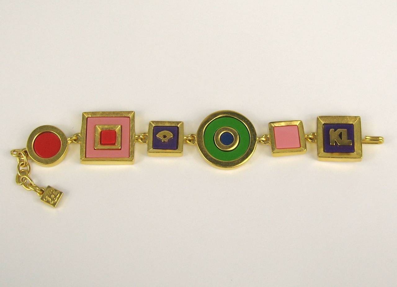 Karl Lagerfeld Charm Enameled Gilt Bracelet 1980s New,  Never Worn  In New Condition In Wallkill, NY
