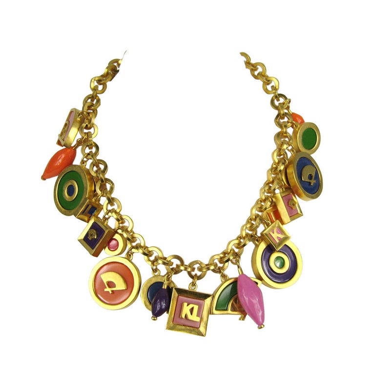 Vintage Karl Lagerfeld Enameled Charm Necklace 1980s New never worn For