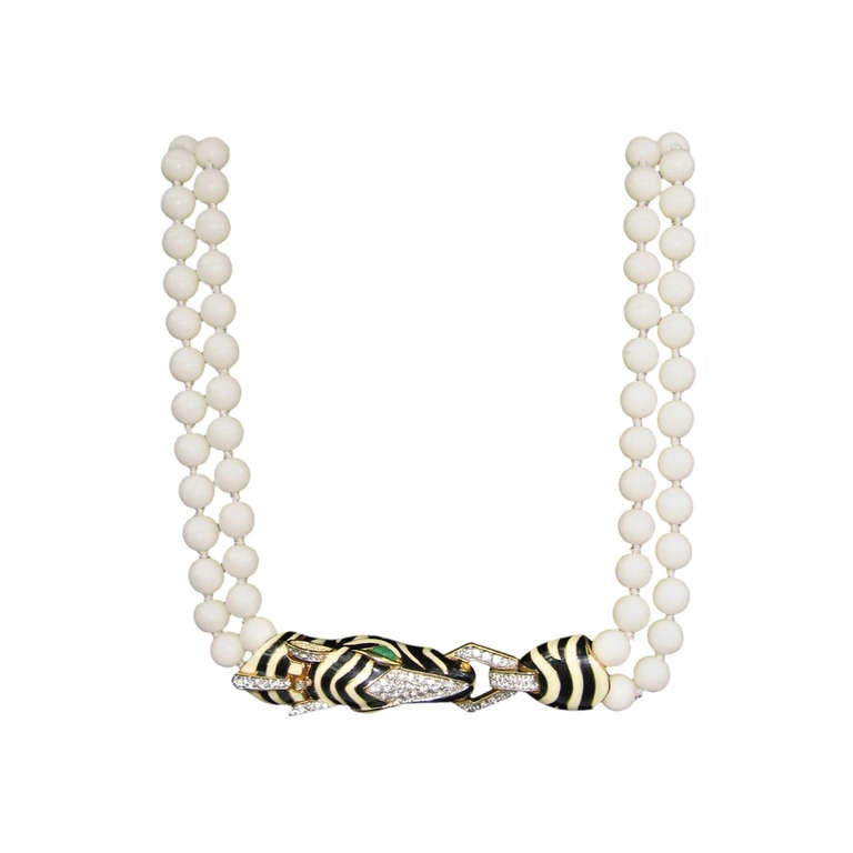  Ciner Crystal Double Strand Zebra Necklace Goldtone 1980s  For Sale