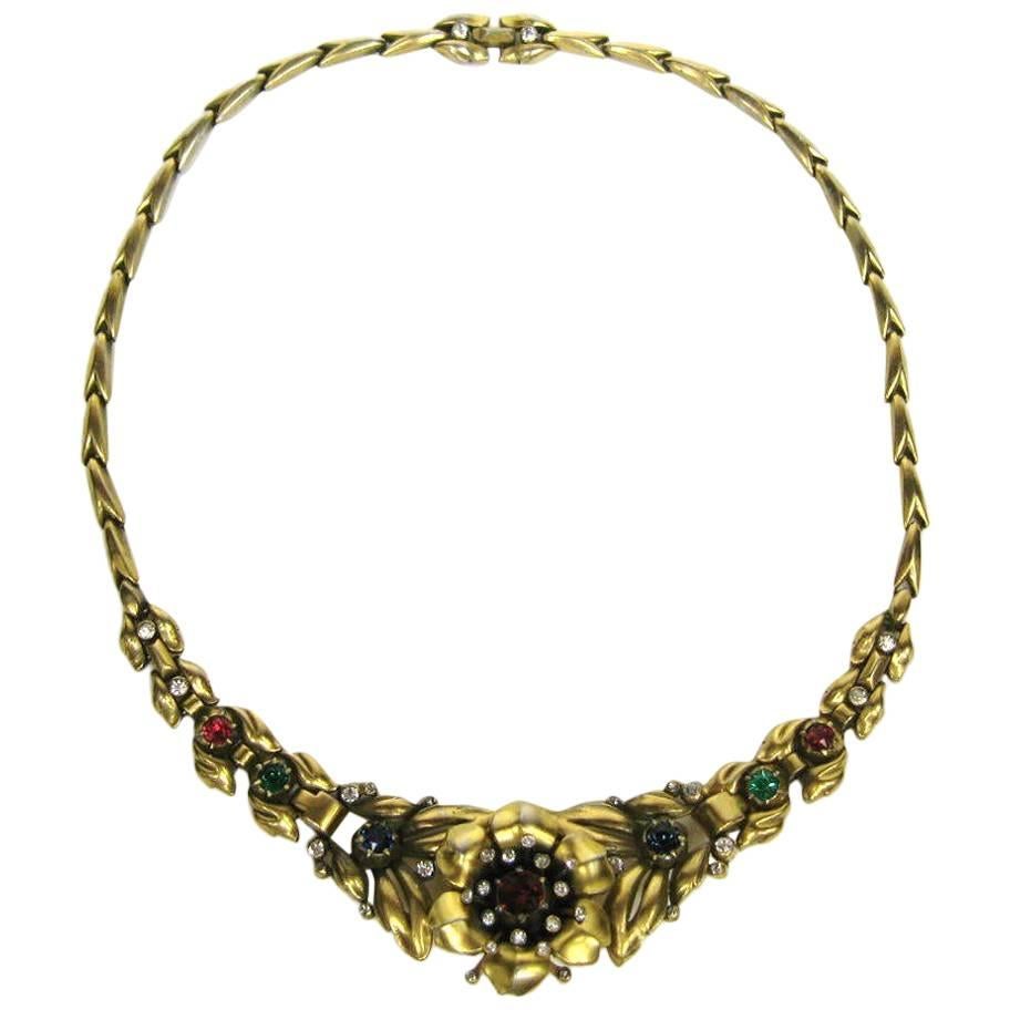 Alfred Philippe Trifari Pave Floral Trembler Necklace 1939 For Sale