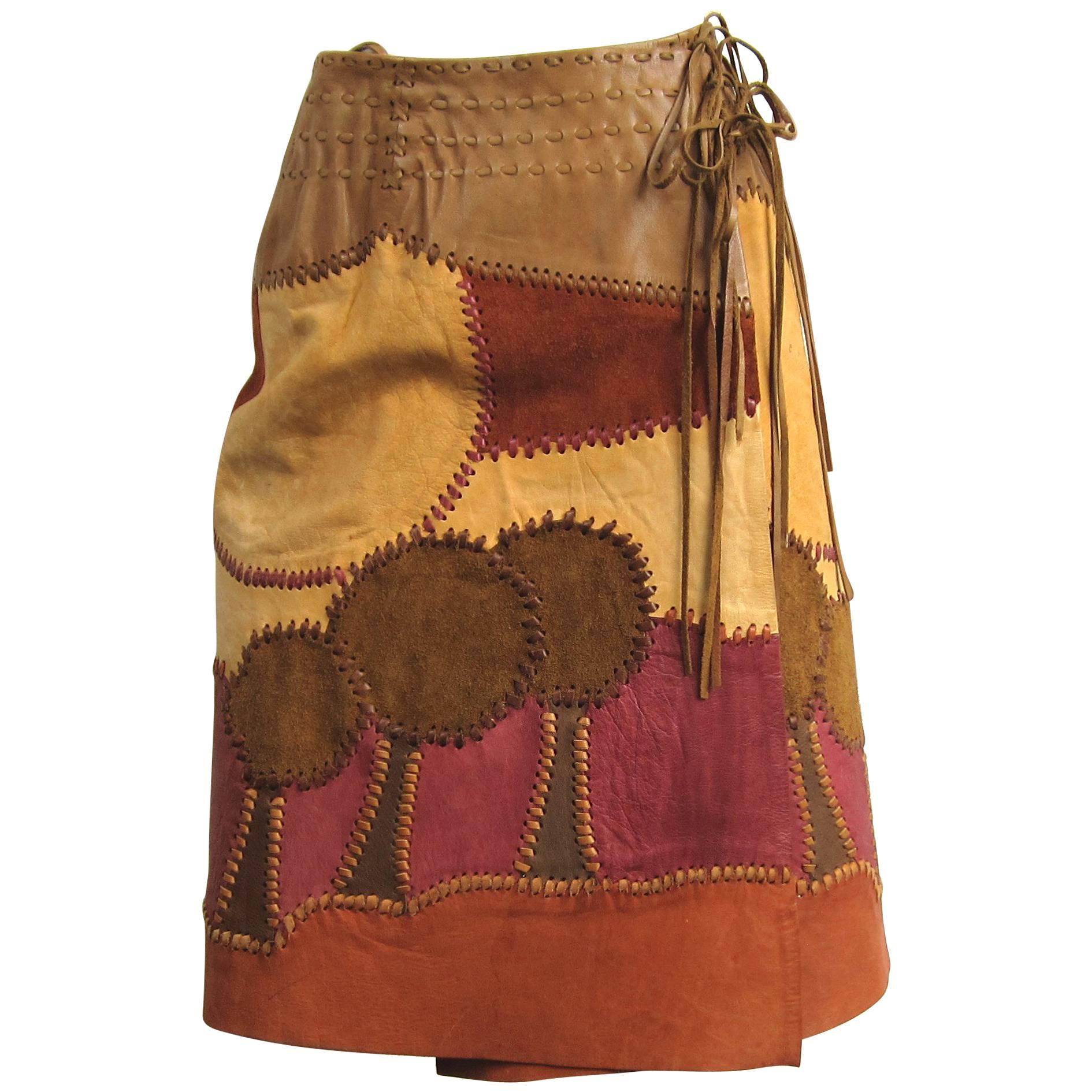 Vintage 1960s Char Leather Wrap Boho Festival Skirt 