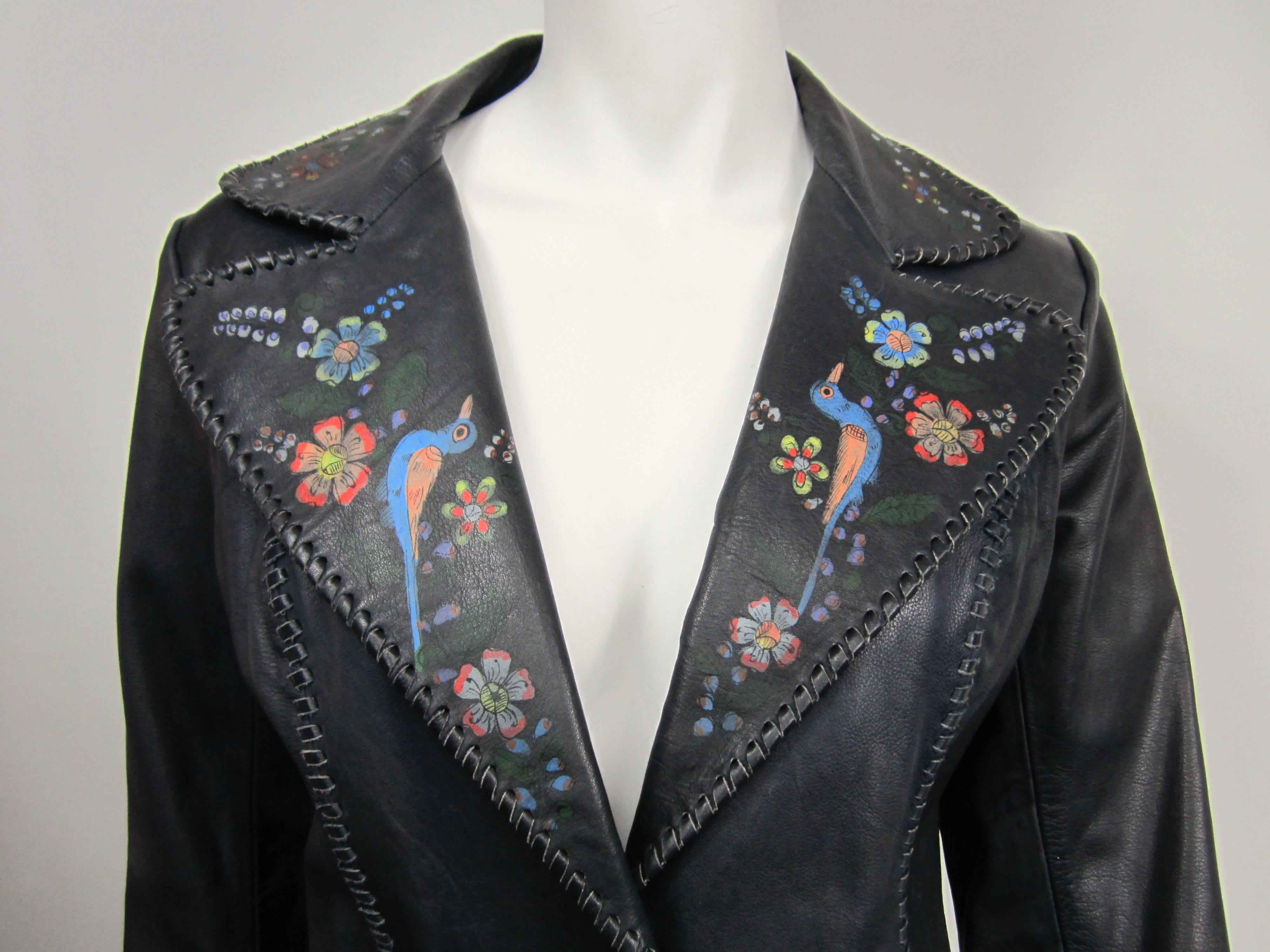 Char Green-black jacket with a whip-stitched collar and pockets. Stunning hand painted bird details.  Bust up to 38 inches.  Waist up to 33 inches. Length is 28in down the back. We have been selling this collection on 1st dibs since 2013. You can