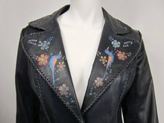 Vintage 1960s CHAR whipstitch leather Hand painted Birds Flowers Jacket