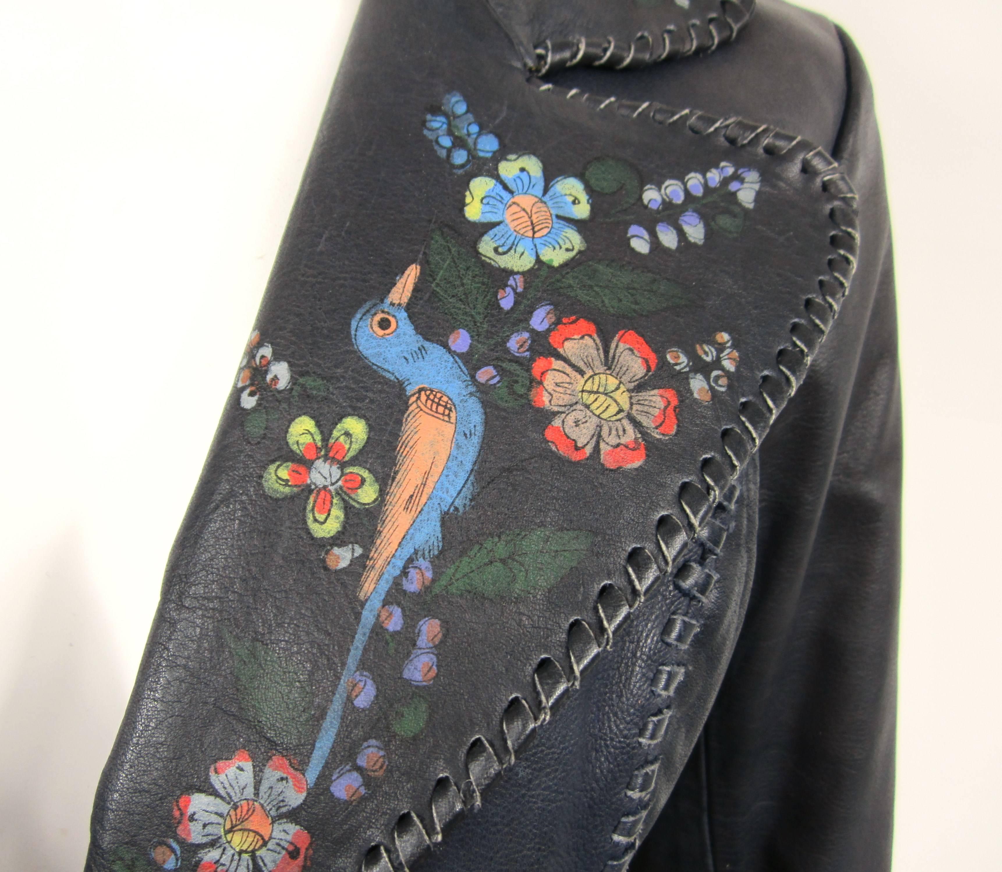 Black Vintage 1960s CHAR whipstitch leather Hand painted Birds Flowers Jacket 