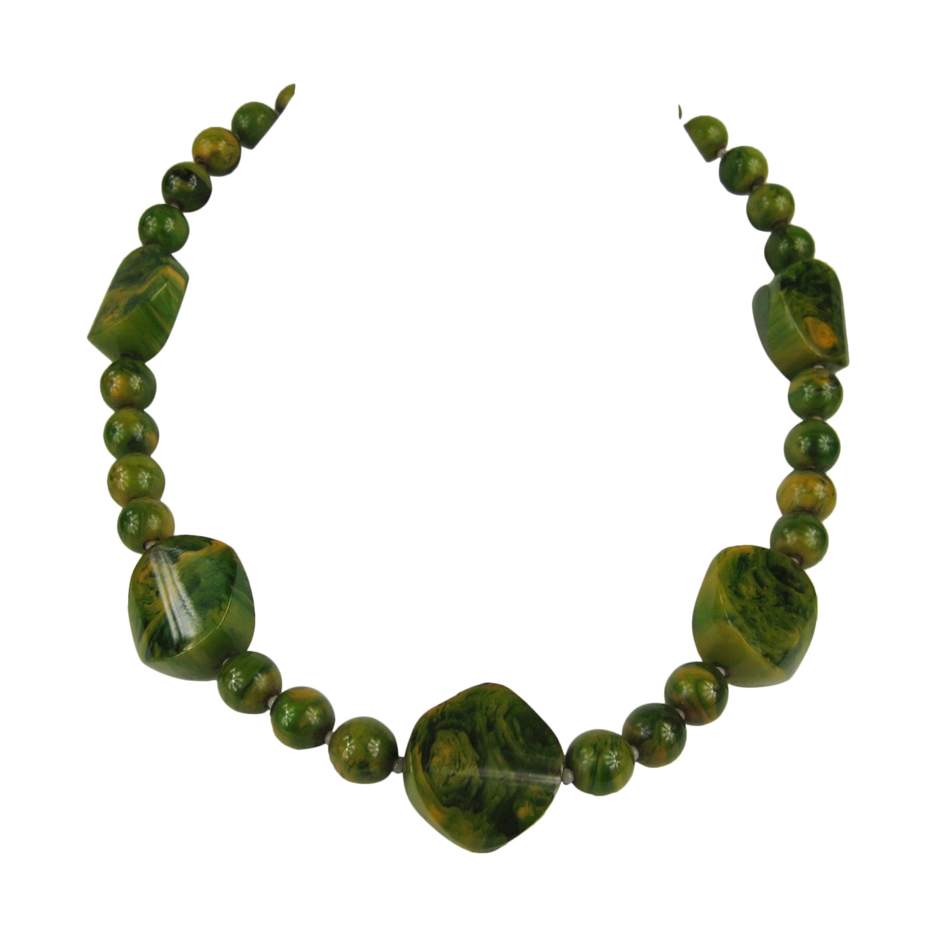 Green Marbled Bakelite Catalin Necklace 1930s For Sale