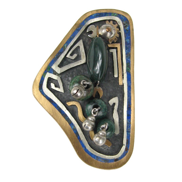 Sterling Silver Pendant Brooch Mexican Blood stone and Malachite