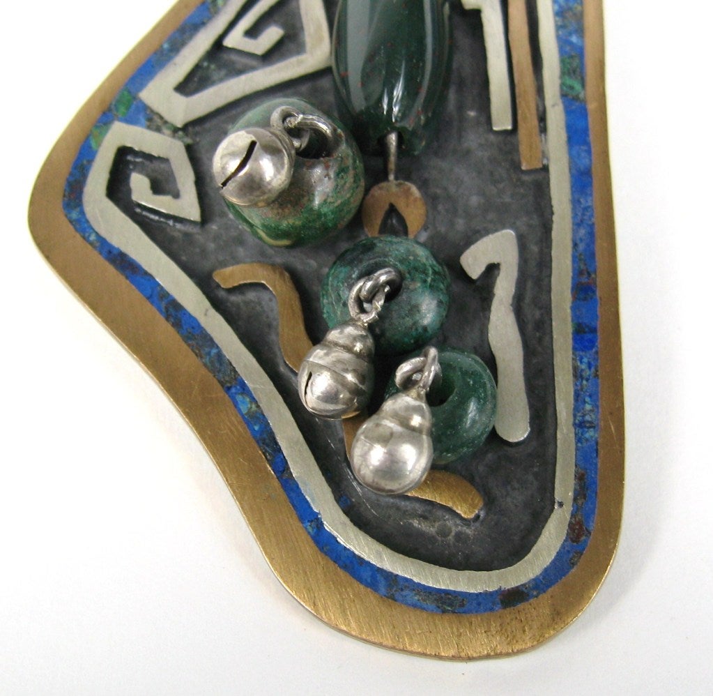 Uncut Sterling Silver Pendant Brooch Mexican Blood stone and Malachite  For Sale