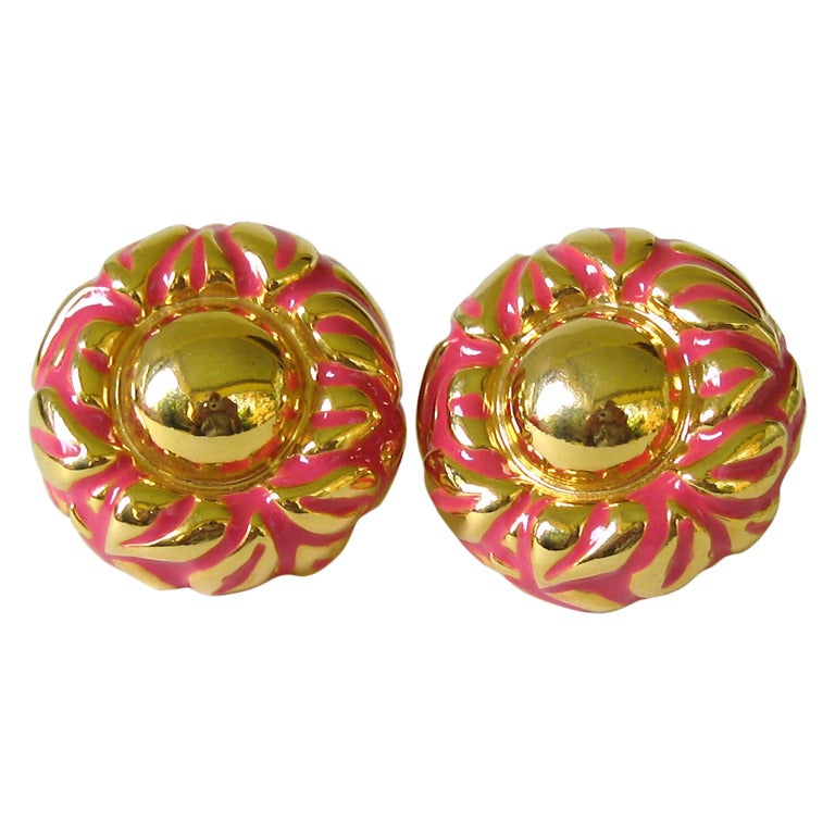 Escada Button Disc Earrings Pink Gold 1980s 