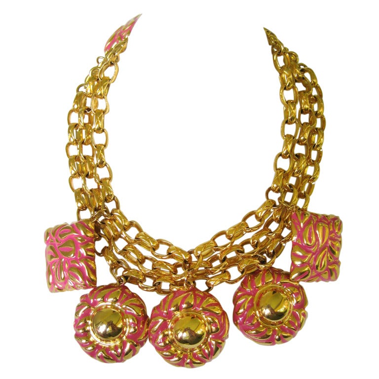 Escada Charm Bib necklace Pink & Gold 1980s 