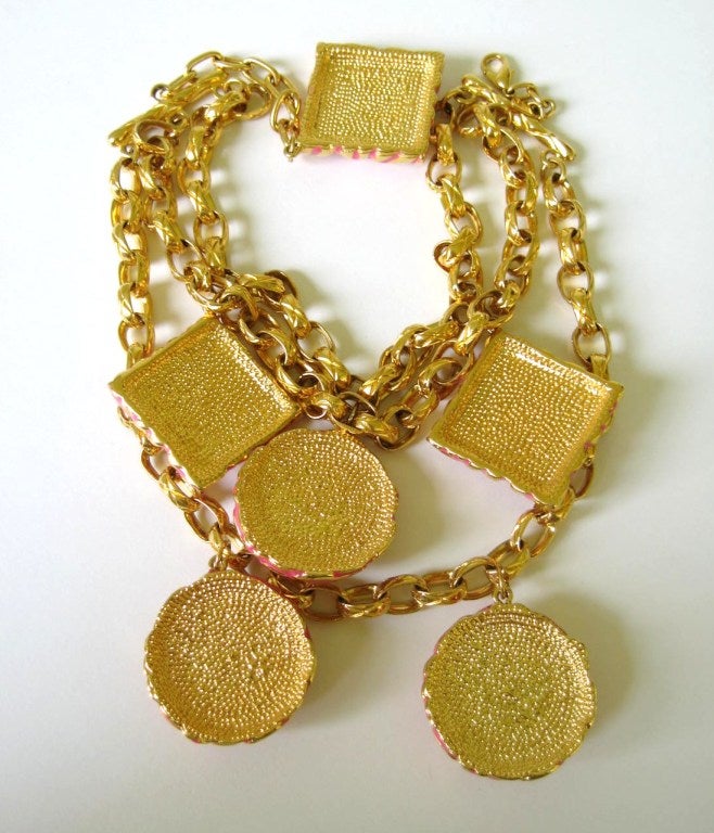 Escada Charm Bib necklace Pink & Gold 1980s  In Excellent Condition For Sale In Wallkill, NY