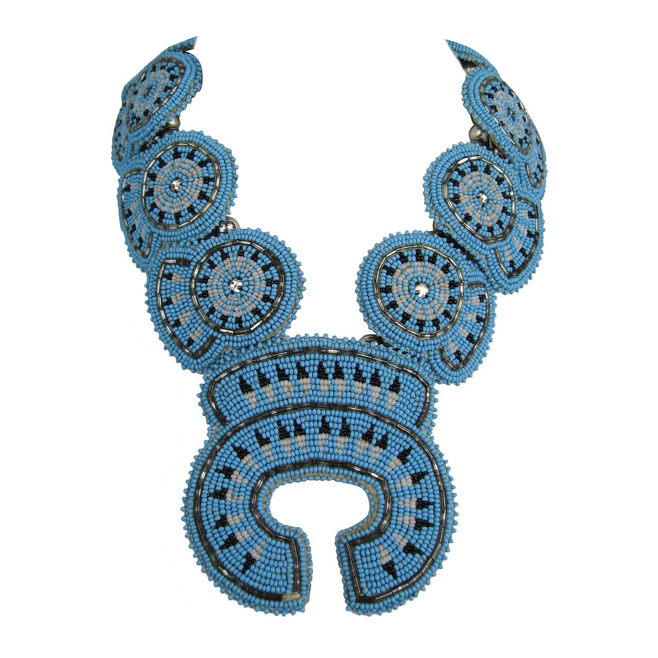 Collier Navajo en forme de fleur de requin en cuir et argent sterling avec perles et turquoises 
