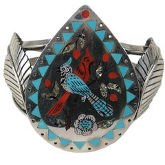 Zuni Sterling Silver Turquoise & Coral Inlaid Cardinal Bracelet