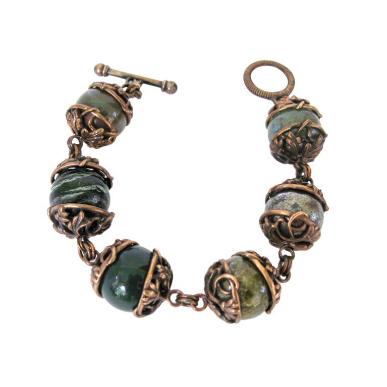 Stephen Dweck Bracelet Sterling Silver Beads Bronze Galle Caps 1990s  For Sale