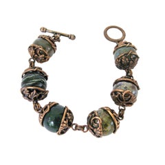 Retro Stephen Dweck Bracelet Sterling Silver Beads Bronze Galle Caps 1990s 