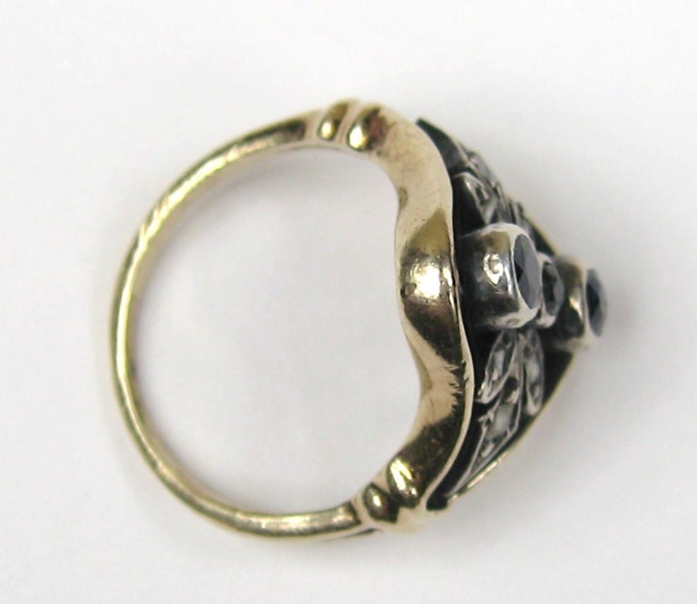 Antique 12K Gold Sapphire and Mine Cut Diamond Ring For Sale at 1stDibs