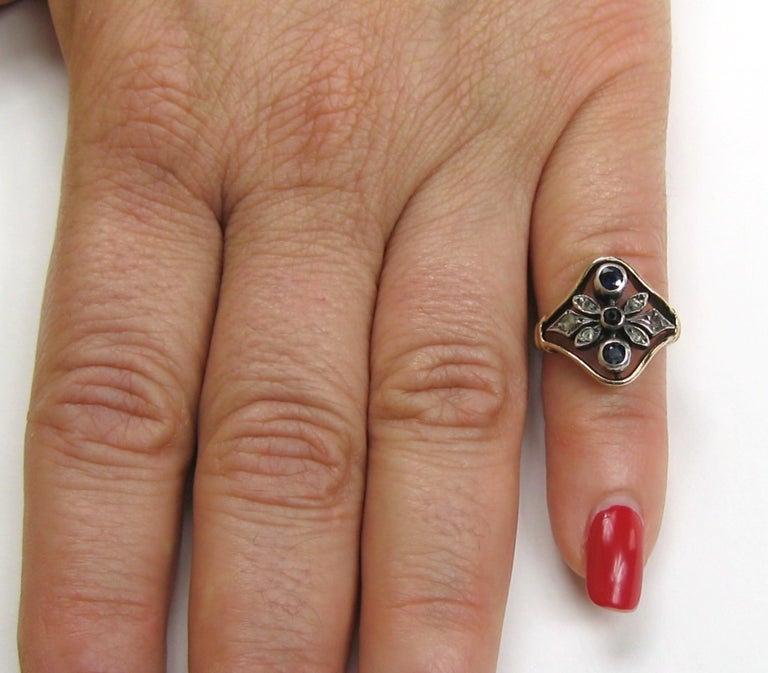 Antique 12K Gold Sapphire and Mine Cut Diamond Ring For Sale at 1stDibs