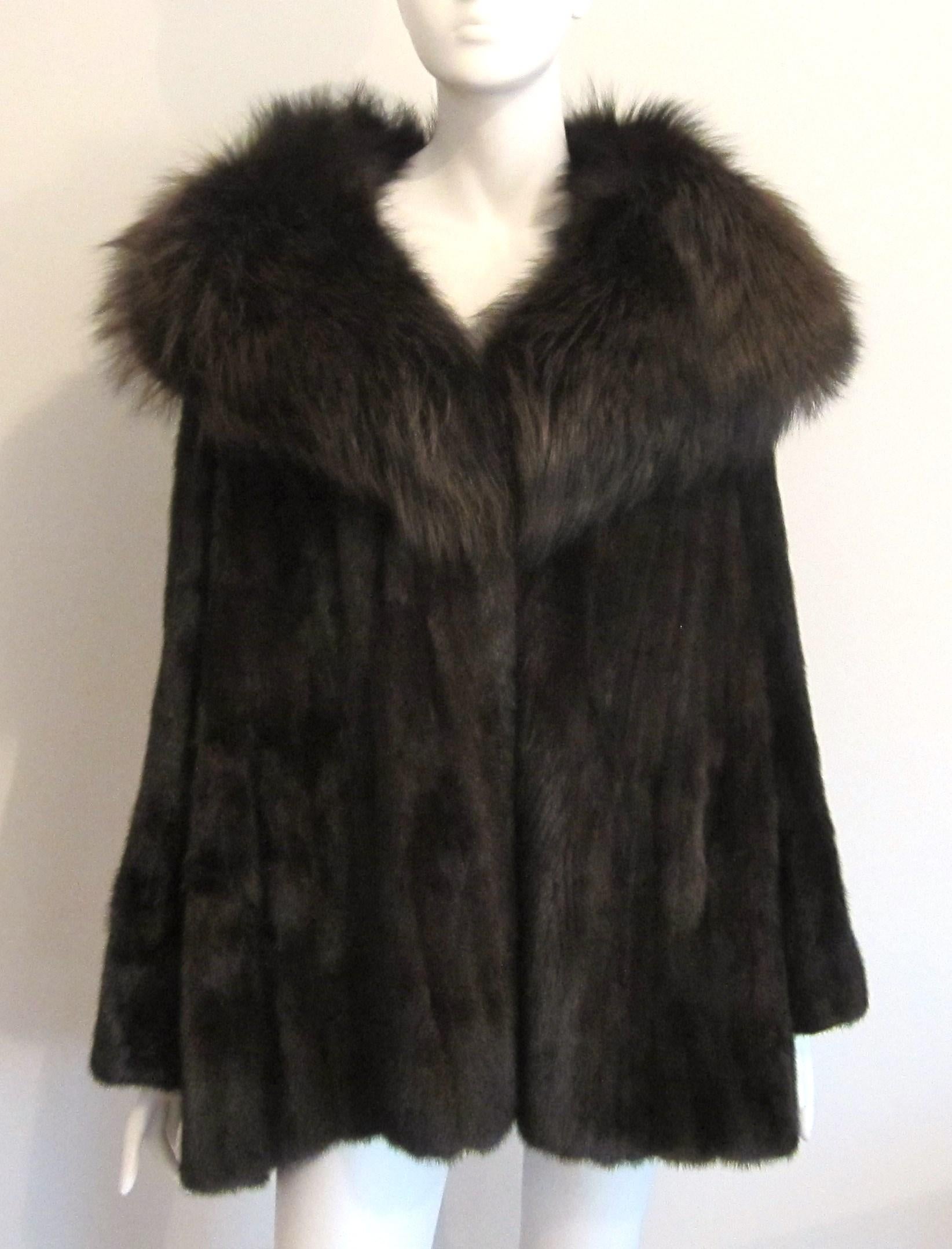 Black Stunning Mink Coat  w/ Oversized Fox Collar Hood -Jacket 