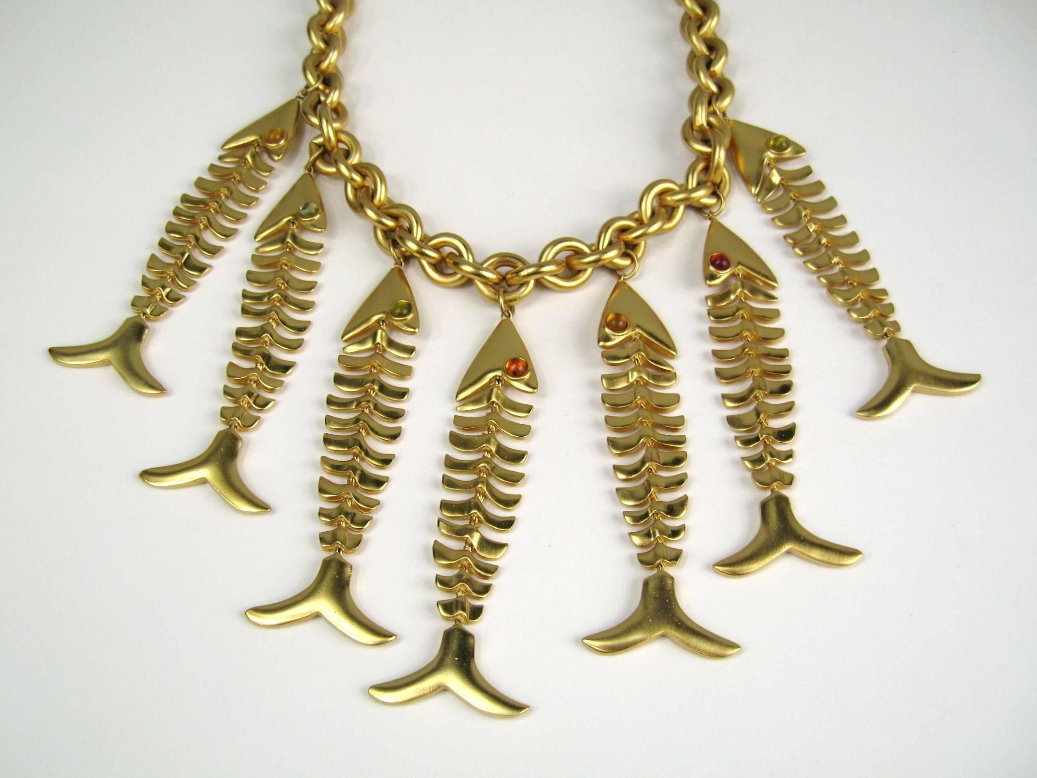 Anne Klein Vintage Couture articulated Fish Gold Necklace, 1990s In New Condition In Wallkill, NY