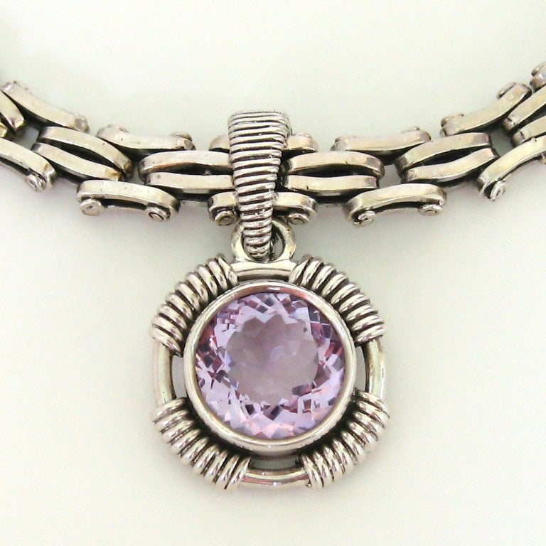 Removable Rose Amethyst Pendant Set in Sterling Silver. Fantastic Modern Bicycle Chain in Sterling silver. Dated 1997.  17in. long chain. Pendant is 1.25 in. x  2 in top to bottom of pendant.  Heavy substantial Necklace  #New-2115 New Old Stock