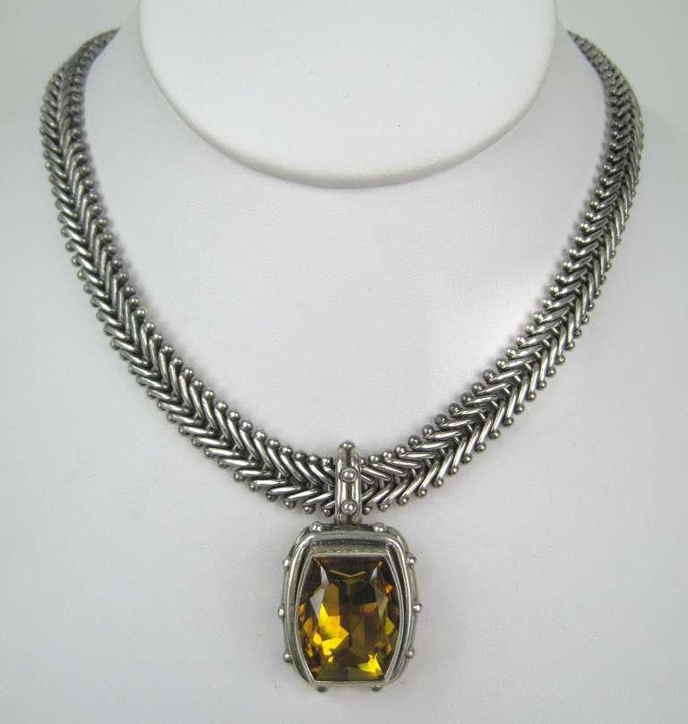 Stunning Dweck Sterling Silver Necklace. Huge faceted Citrine Stone. Chain measures 16-3/4 in. Has a toggle closure.  This is out of a massive collection of Hopi, Zuni, Navajo, Southwestern, sterling silver, (costume jewelry that was not worn)  and