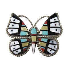 Retro Sterling Butterfly Brooch Pin Pendant Coral Turquoise Onyx Zuni Oliver Cellicion