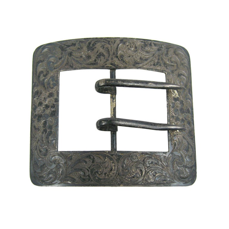 Antique Art Nouveau Sterling Silver Chased Belt Buckle For Sale
