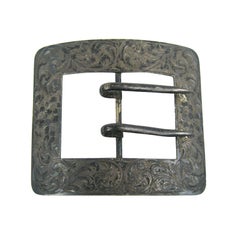 Antique Art Nouveau Sterling Silver Chased Belt Buckle